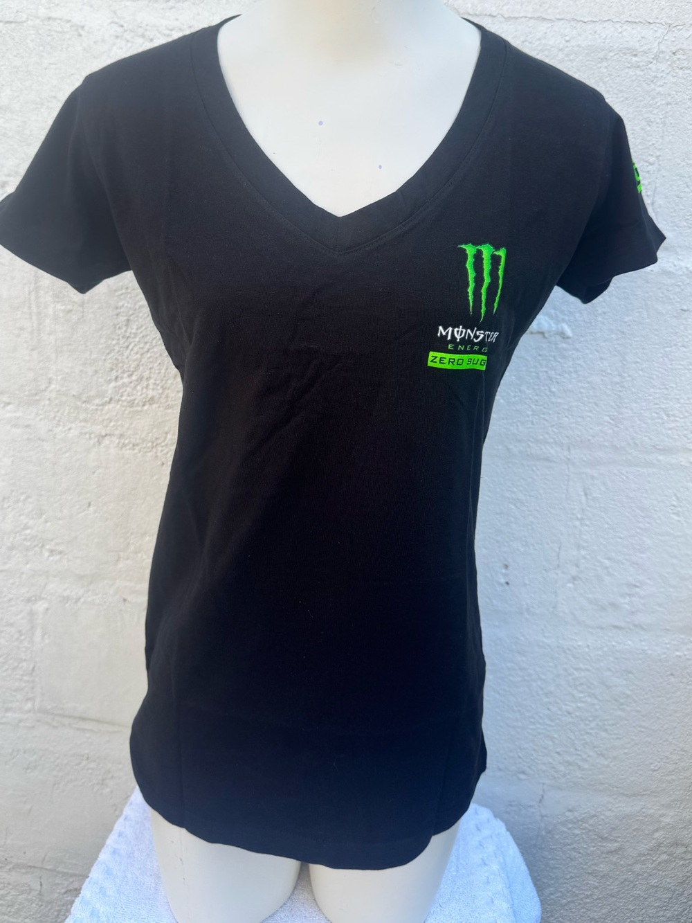 Monster Energy Black V‑Neck Tee with Green M Claw Zero Sugar NWT